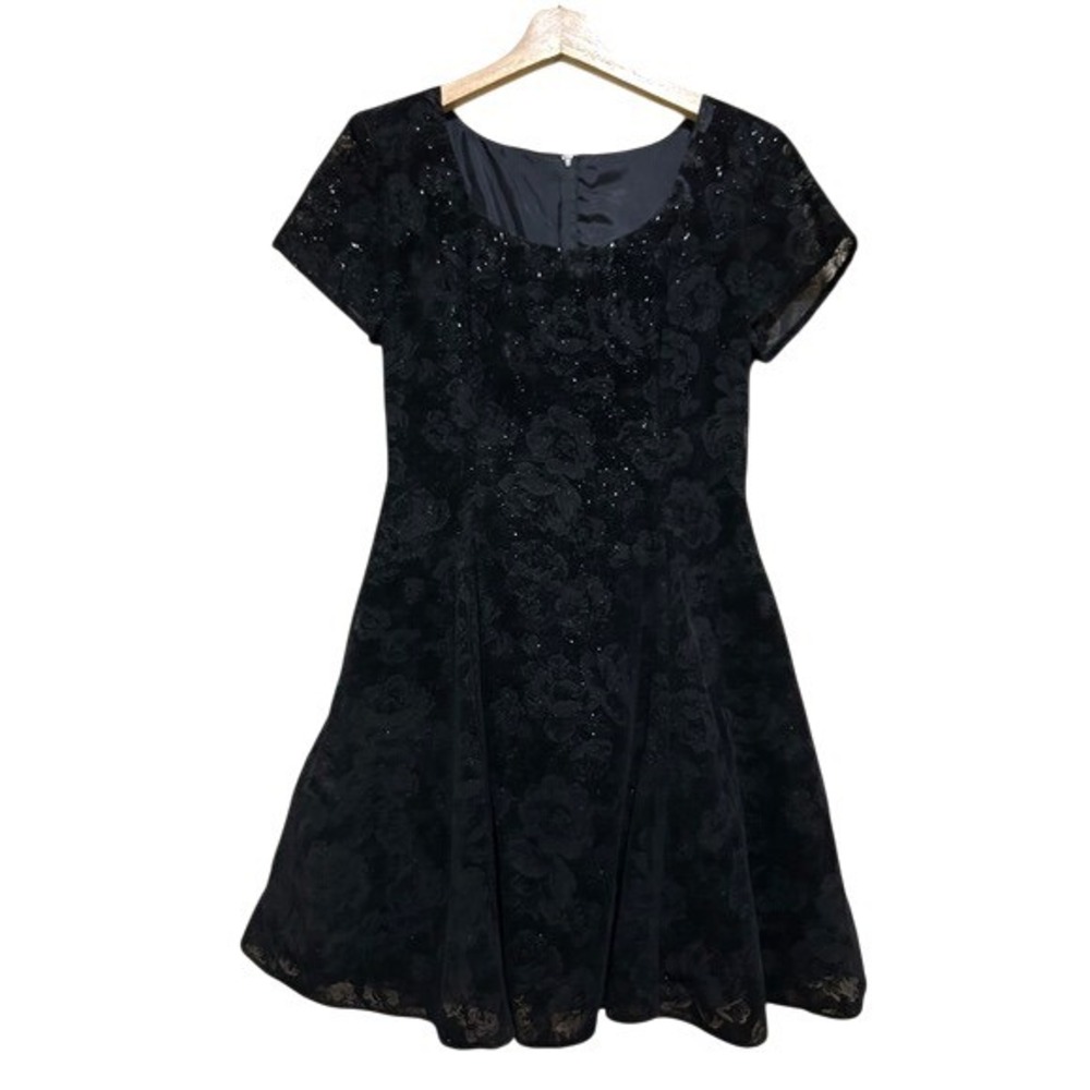 Vintage Dress Small Black Floral Glitter Fit Flare Dress Whimsigoth Goth Rose